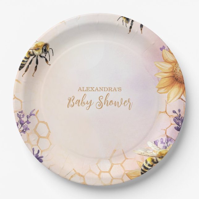 Sunflower Bee Baby Shower Mummy To Bee Baby Shower Paper Plate (Front)