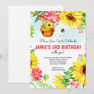 Sunflower Bee Birthday Honey Bee Birthday Invitation