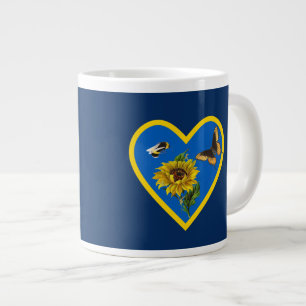 Sunflower Bee Butterfly Blue Yellow Heart on Navy Large Coffee Mug