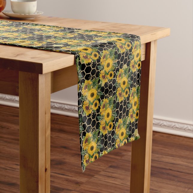 Sunflower Bee Hive Honeycomb Golden Long Table Runner (In Situ)