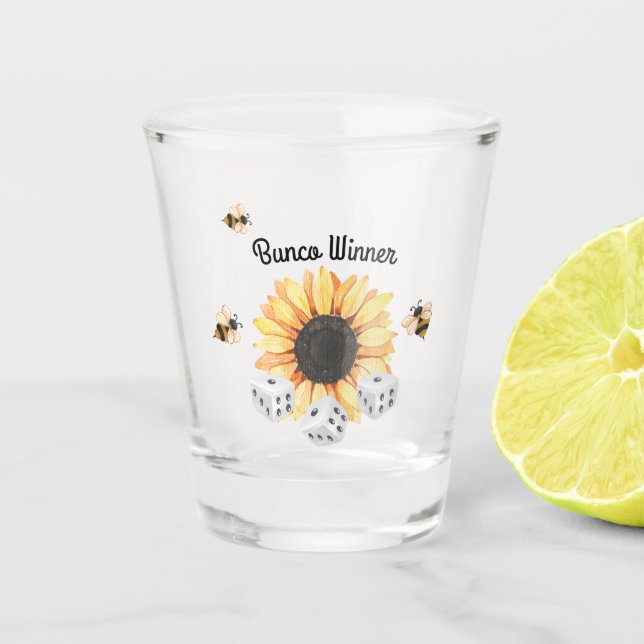Sunflower Bees Floral Winner Dice Bunco Shot Glass (Front)
