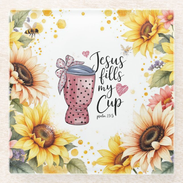 Sunflower & Bees Psalm 23:5 Glass Coaster (Front)