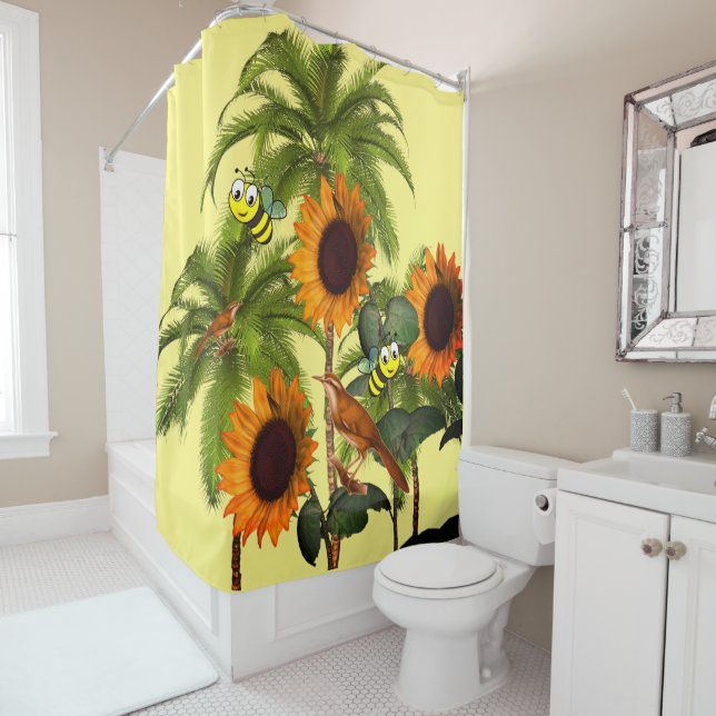 Sunflower Bird Bumblebee Shower Curtain (In Situ)