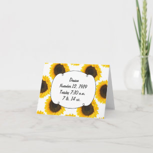 Sunflower Birth Stats Birth Record Thank you Card