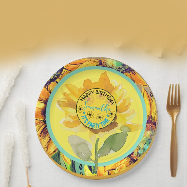 Sunflower  Birthday Girl Yellow Black  Paper Plate (Sunflower Birthday Girl Yellow Black Paper Plates)