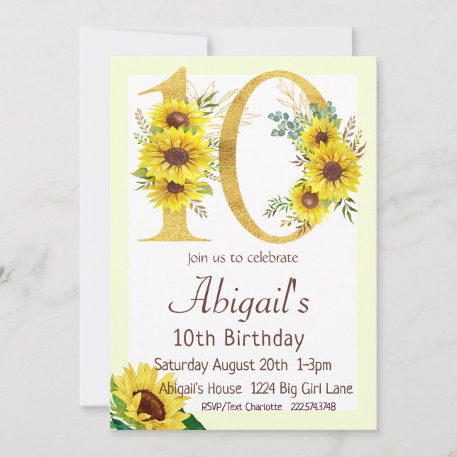 Sunflower Birthday Invitation, 10th Birthday  Invitation (Front)
