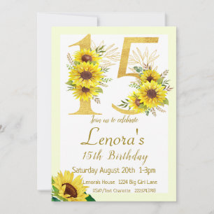 Sunflower Birthday Invitation, 15th Birthday Invitation