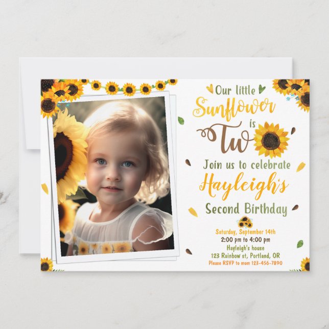 Sunflower birthday invitation Photo 2nd birthday (Front)