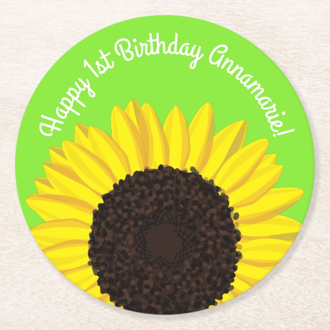 Sunflower Birthday Party Round Paper Coaster (Front)