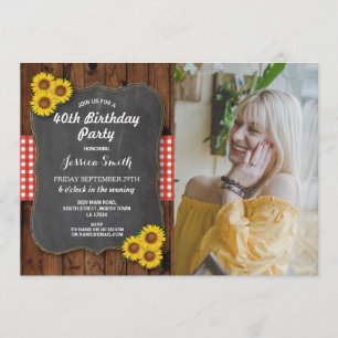Sunflower Birthday Party Rustic Wood Chalk Photo Invitation