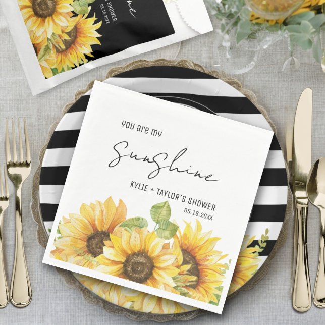 Sunflower Black and White Names Wedding Shower Napkin (Creator Uploaded)