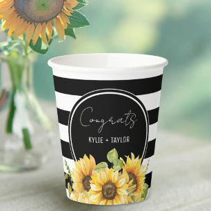 Sunflower Black and White Stripes Wedding Shower Paper Cups
