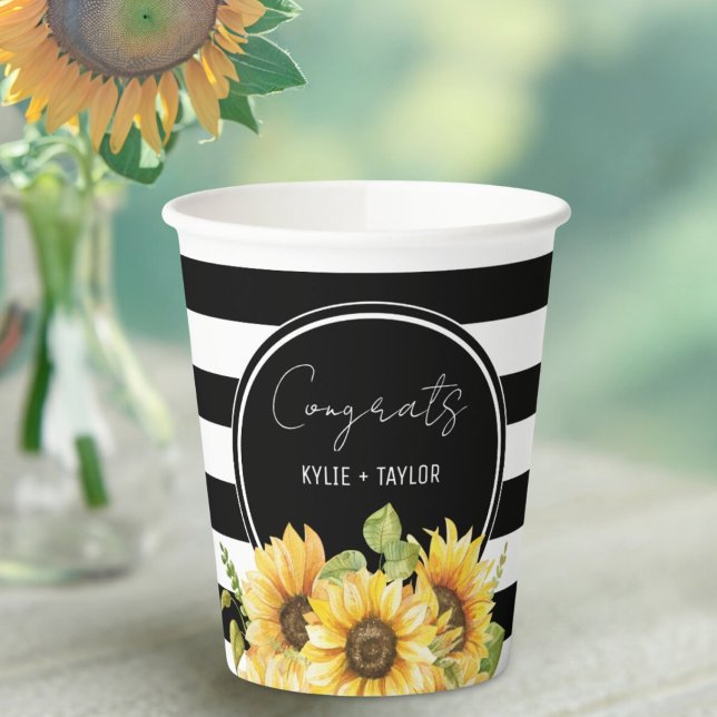 Sunflower Black and White Stripes Wedding Shower Paper Cups (Creator Uploaded)
