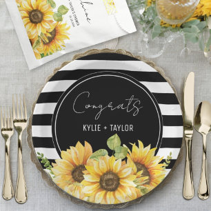 Sunflower Black and White Stripes Wedding Shower Paper Plate