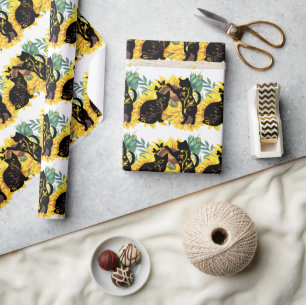 Sunflower Black Cats Watercolor Floral Wrapping Paper