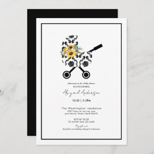 Sunflower & Black Damask Pram Baby Shower Invitation