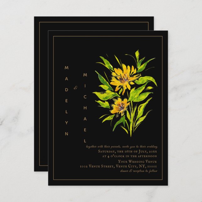 Sunflower Black Gold Script Wedding Invitation (Front/Back)