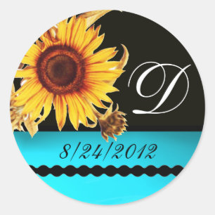 SUNFLOWER BLACK WHITE AQUA BLUE TEAL MONOGRAM CLASSIC ROUND STICKER