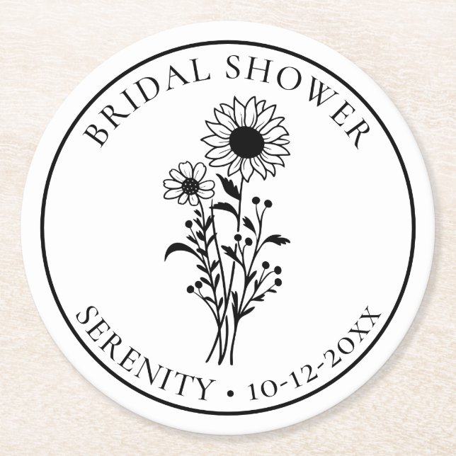 Sunflower Black White Floral Bridal Shower Round Paper Coaster (Front)