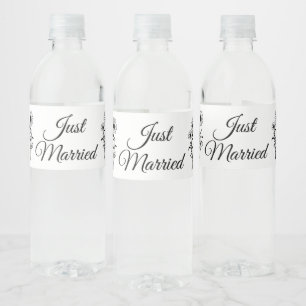 Sunflower Black White Floral Just Married Wedding Water Bottle Label