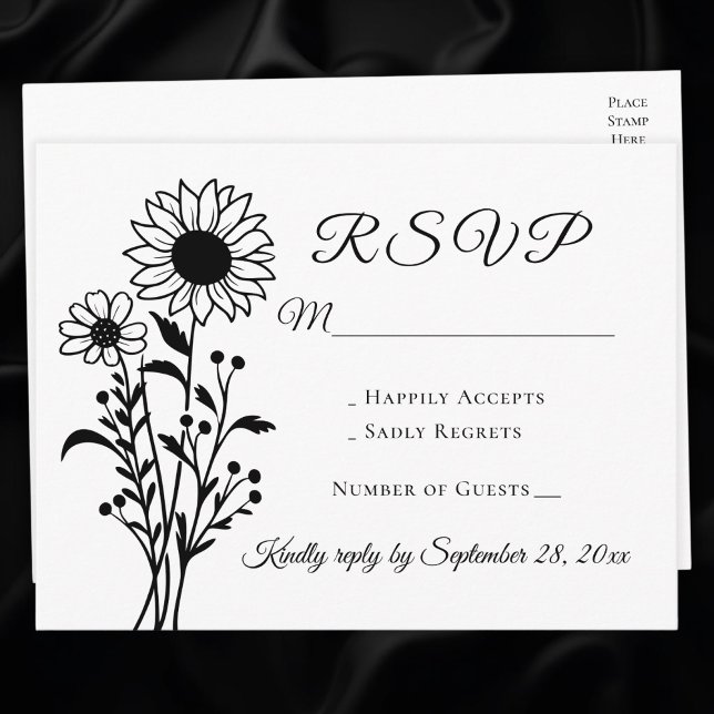 Sunflower Black White Floral Wedding RSVP Invitation Postcard (Creator Uploaded)