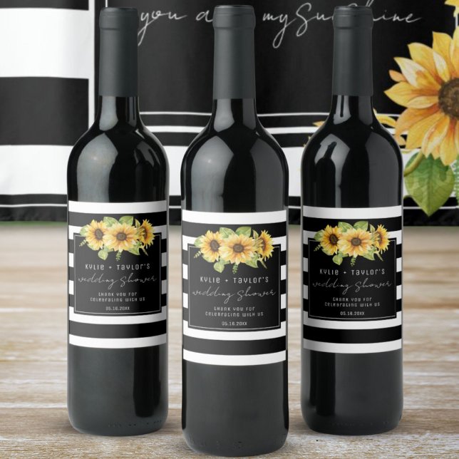 Sunflower Black White Stripe Joint Wedding Shower Wine Label (Creator Uploaded)