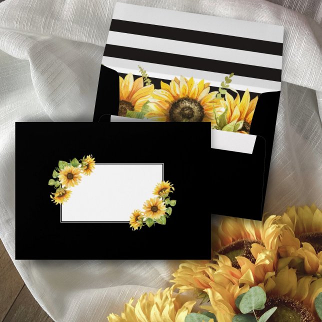 Sunflower Black White Stripe Personalised Wedding Envelope (Creator Uploaded)