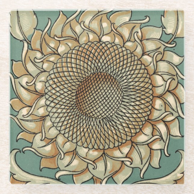 Sunflower Bloom on Blue-green Background Glass Coaster (Front)