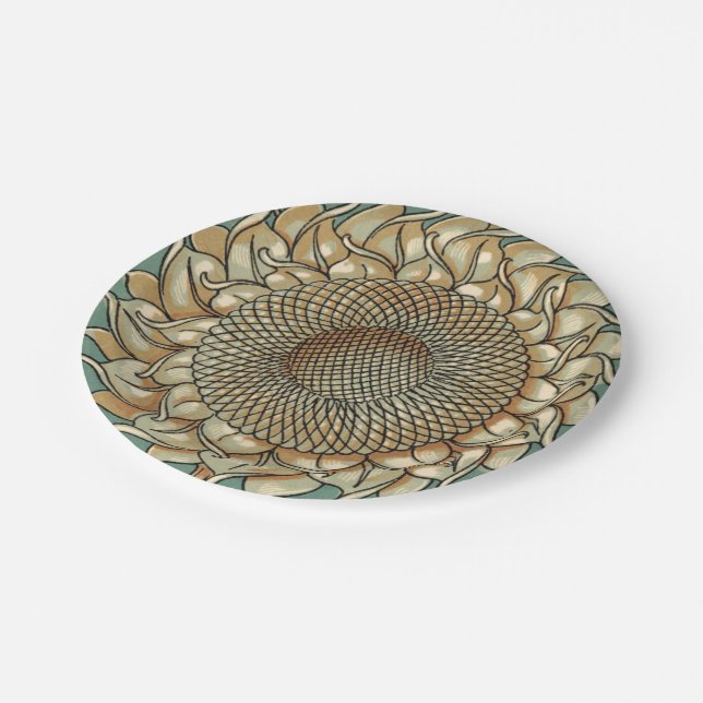 Sunflower Bloom on Blue-green Background Paper Plate (Angled)