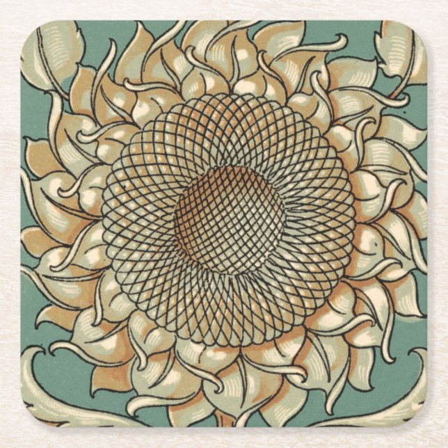 Sunflower Bloom on Blue-green Background Square Paper Coaster (Front)