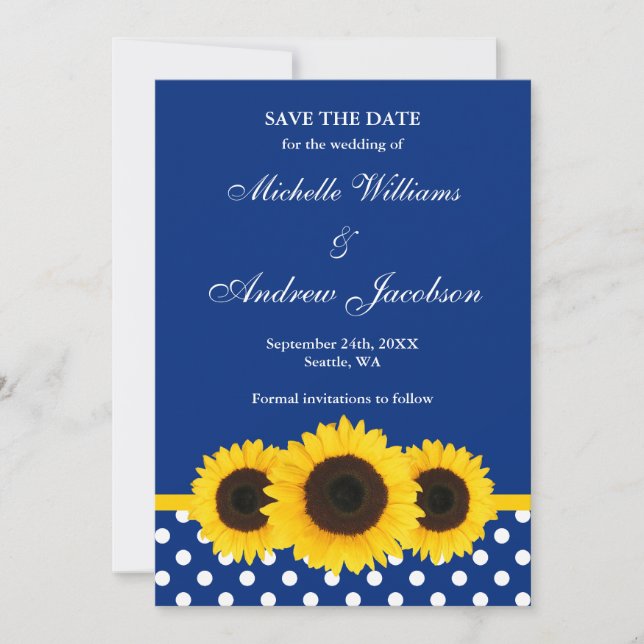 Sunflower Blue and White Polka Dot Save the Date (Front)