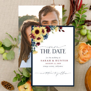 Sunflower Blue Burgundy Script Photo Wedding Save The Date