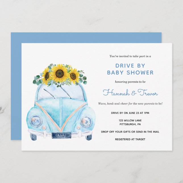 Sunflower Blue Car Drive By Baby Shower Invitation (Front/Back)