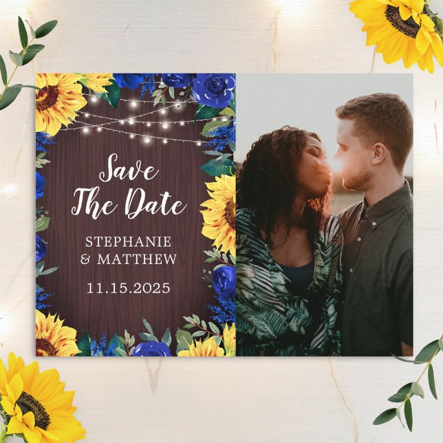 Sunflower Blue Floral Border Photo Save The Date Announcement Postcard (Creator Uploaded)