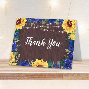 Sunflower Blue Floral Border Wood Lights Wedding Thank You Card