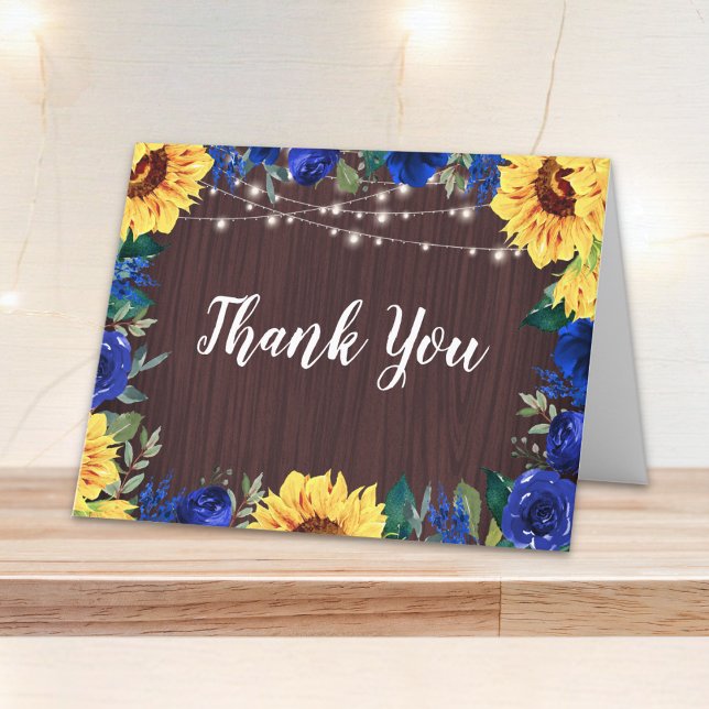 Sunflower Blue Floral Border Wood Lights Wedding Thank You Card (Creator Uploaded)