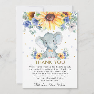 Sunflower Blue Floral Elephant Boy Baby Shower Thank You Card