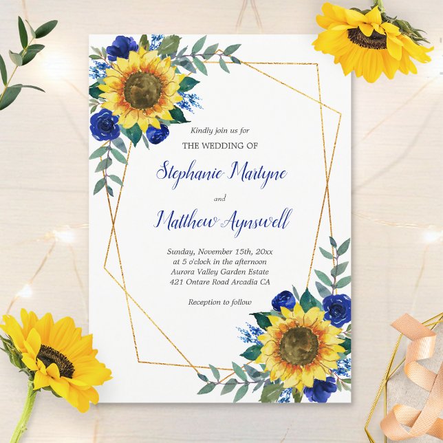 Sunflower Blue Floral Geometric Wedding Invitation (Creator Uploaded)