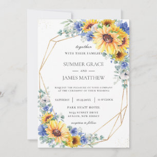 Sunflower Blue Floral Greenery Geometric Wedding Invitation