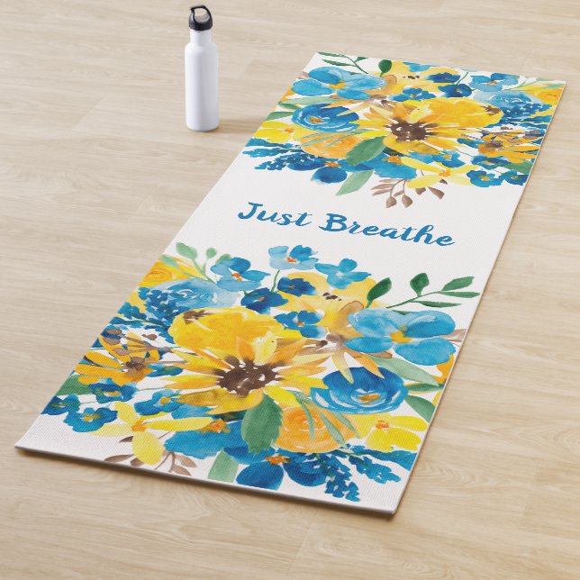 Sunflower blue modern floral watercolor quote yoga mat (In Situ)