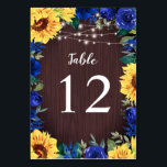 Sunflower Blue Rose Border Lights Wood Wedding Table Number<br><div class="desc">These wedding table numbers feature a sunflower and blue rose design with string lights on a wood background. The front and back of the cards have the same design. To order, enter your table number and click "Add to Cart" for each table number. These wedding table number cards are part...</div>