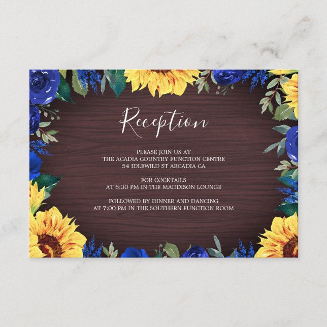 Sunflower Blue Rose Border Wedding Reception Enclosure Card (Front)