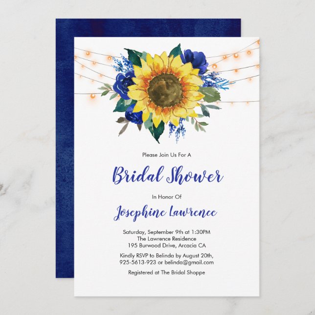 Sunflower Blue Rose Lights Bridal Shower Invitation (Front/Back)