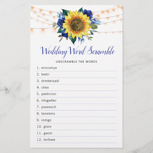 Sunflower Blue Rose Lights Bridal Shower Word Game (Front)