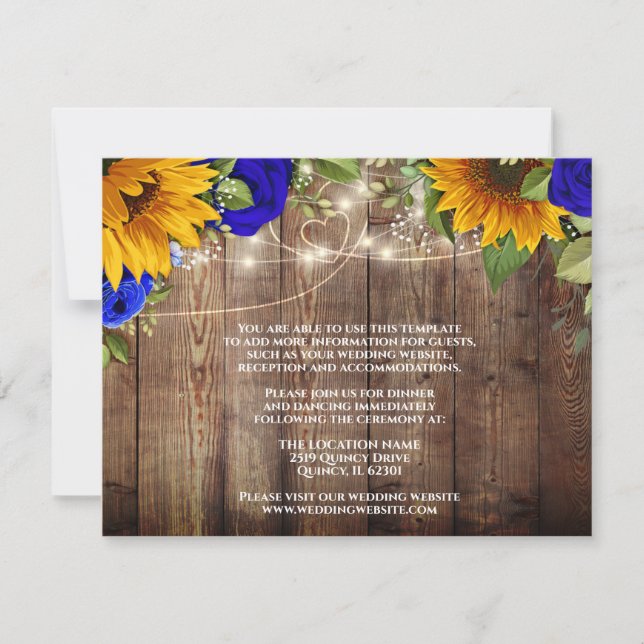 Sunflower Blue Roses Rustic Wedding Details Card (Front)
