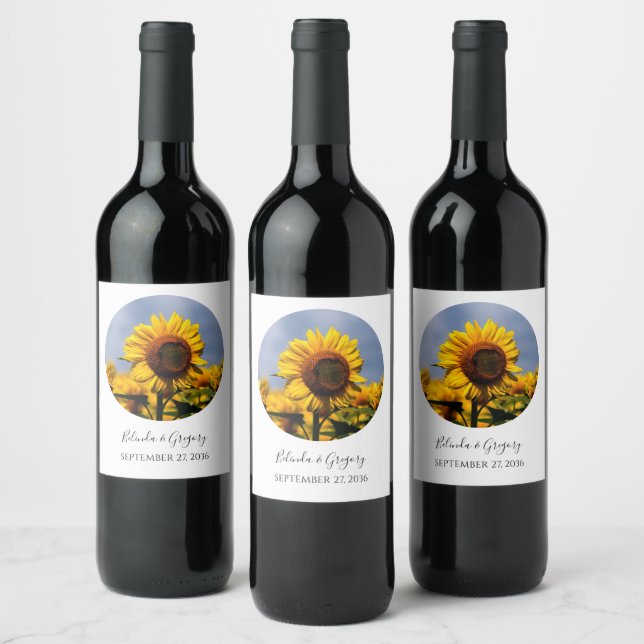 Sunflower Blue Sky Rustic Wedding Wine Label (Bottles)