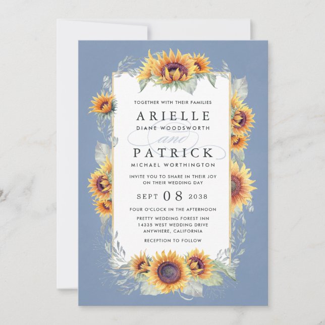 Sunflower Blue Watercolor Rustic Themed Wedding Invitation (Front)