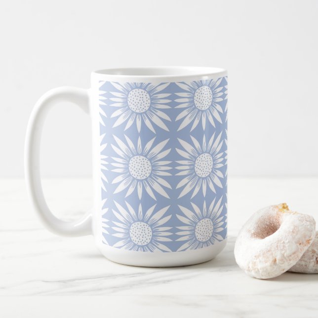 Sunflower Blue White Floral Tile Pattern Coffee Mug (With Donut)