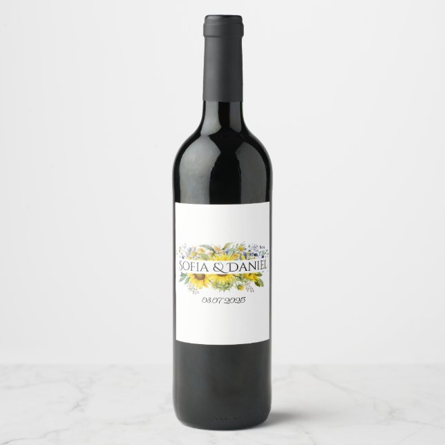 Sunflower blue wildflower wedding white wine label (Front)