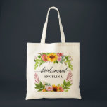 Sunflower Boho Floral Calligraphy Bridesmaid Tote Bag<br><div class="desc">Modern Calligraphy Script,  Watercolor Sunflower Boho Floral with Roses,  Peonies and Greenery Wedding Bridesmaid Tote Bag</div>